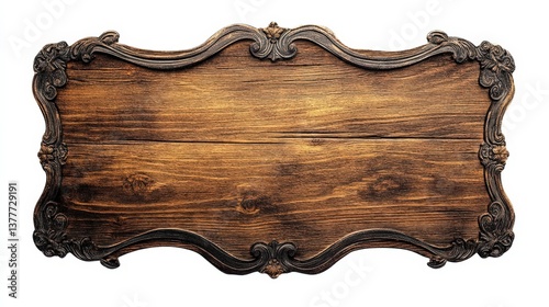 A detailed wooden sign with ornate metal and rich brown color