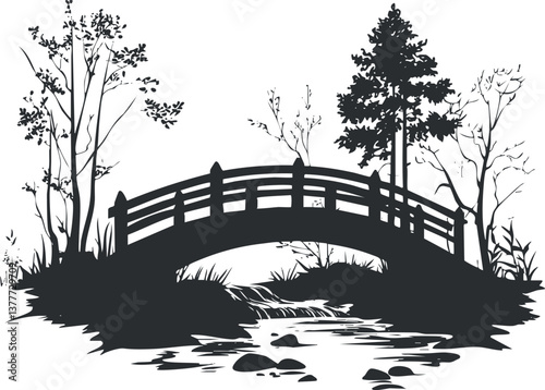 Silhouette illustration of a wooden bridge over a stream with surrounding trees and foliage.