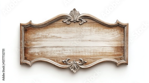 Decorative wooden sign with ornate carvings and white background