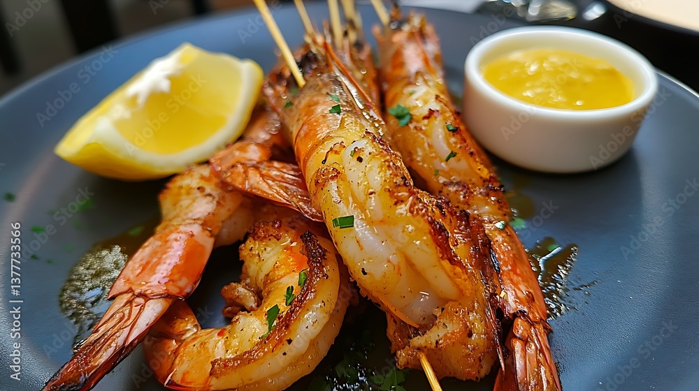 Delicious roasted shrimps on skewers with sauce and lemon Delicious roasted shrimps on skewers with sauce and lemon