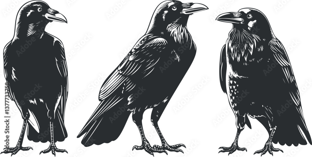 Naklejka premium Black and white illustration of three ravens standing, showcasing detailed feathers and beaks.