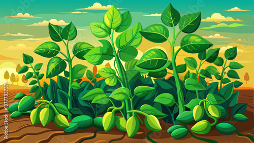 Close up of green soybean plants showcasing healthy soya bean growth on a thriving plantation. The vibrant green soybean plants illustrate robust soya 