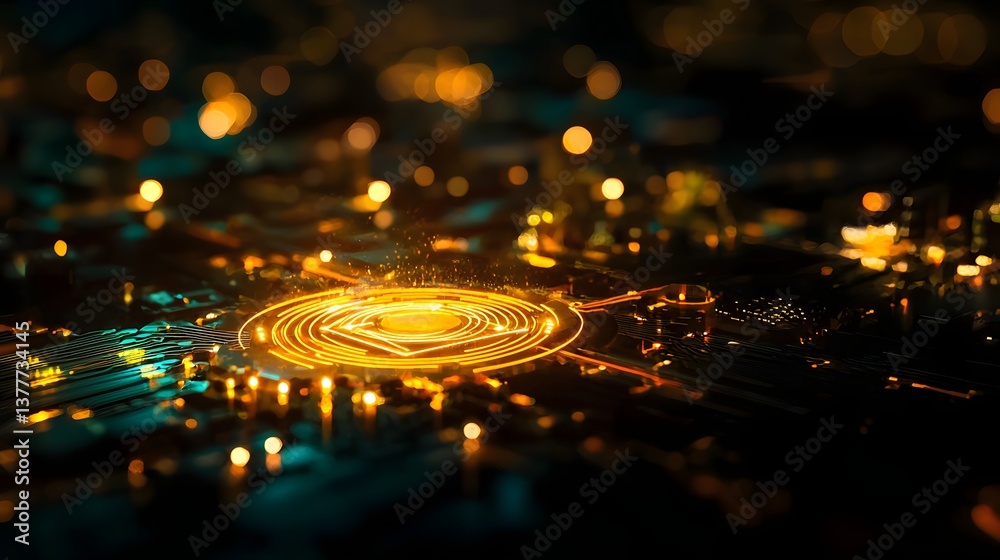 Close Up View of Abstract Circuit Board with Glowing Connections and Neon Highlights in Dark Setting Close Up View of Abstract Circuit Board with Glowing Connections and Neon Highlights in Dark Setting
