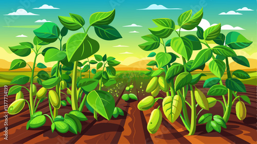 Close up of green soybean plants showcasing healthy soya bean growth on a thriving plantation. The vibrant green soybean plants illustrate robust soya 