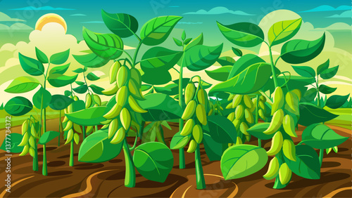 Close up of green soybean plants showcasing healthy soya bean growth on a thriving plantation. The vibrant green soybean plants illustrate robust soya 