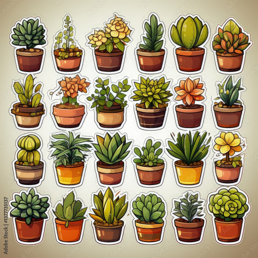 Fototapeta premium Nature-Inspired Sticker Sheet with Flat Vector Plants