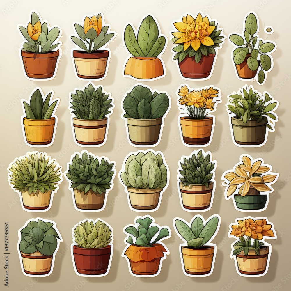 Fototapeta premium Nature-Inspired Sticker Sheet with Flat Vector Plants