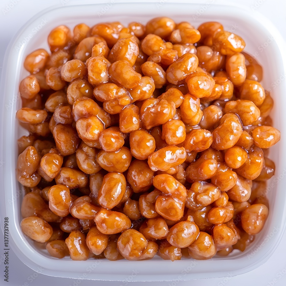 Close-Up View of Glazed Sweet Soy Beans in a White Container on Bright Background Close-Up View of Glazed Sweet Soy Beans in a White Container on Bright Background