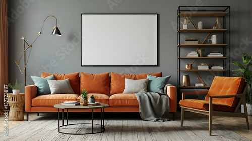 modern living room, Mockup design for poster on living room, Interior style bright colors. Blank poster over the sofa
