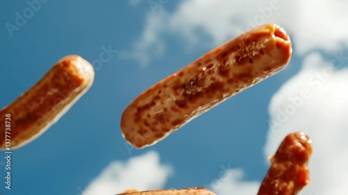 Grilled sausages soaring in the sky over a bright sunny day