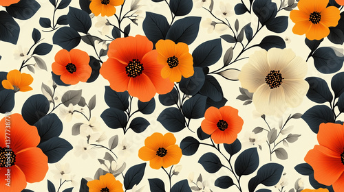 Colorful floral pattern featuring orange, yellow, and white flowers on a light background with green leaves in a modern design Generative AI
