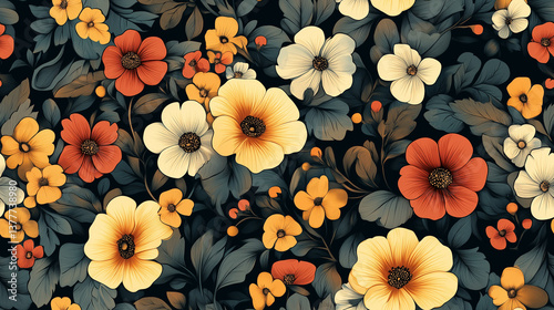 Colorful floral pattern featuring various flowers on a dark background with intricate leaves and details Generative AI