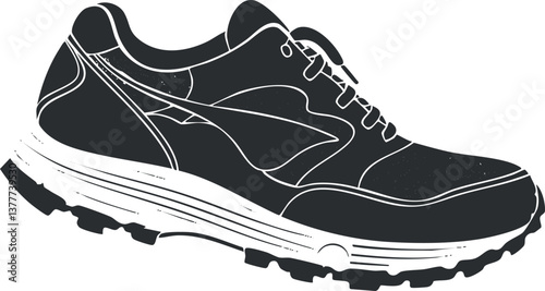Black and white silhouette of an athletic sneaker, showcasing its design and structure.