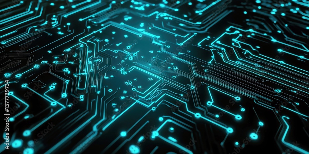 Close-up of glowing circuitry with neon blue lines, showcasing a high-tech digital network Close-up of glowing circuitry with neon blue lines, showcasing a high-tech digital network