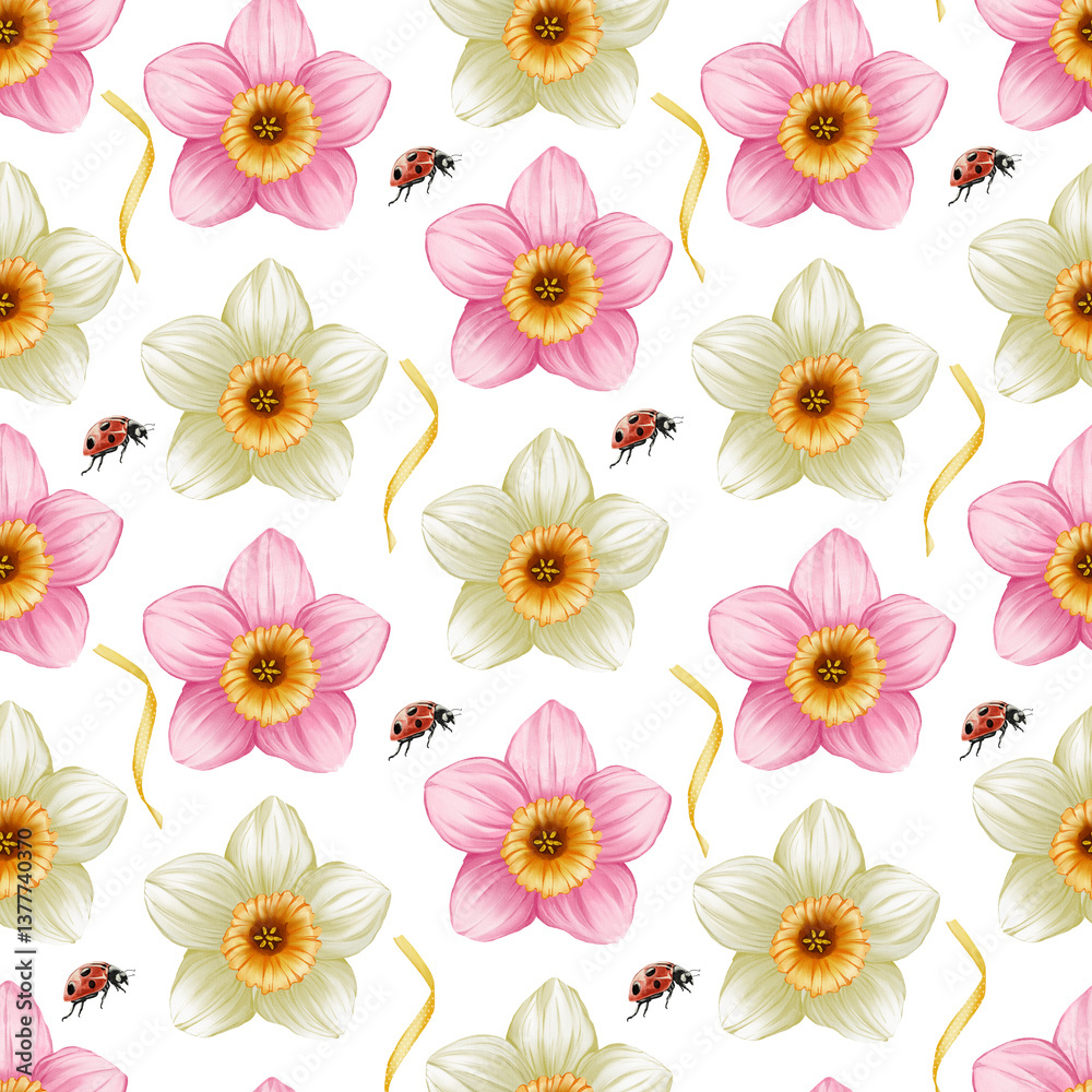 Seamless pattern with pink and white daffodils, ladybug and ribbons. Watercolor style, delicate. Suitable for invitations, poster design, wedding decorations and arrangements Seamless pattern with pink and white daffodils, ladybug and ribbons. Watercolor style, delicate. Suitable for invitations, poster design, wedding decorations and arrangements