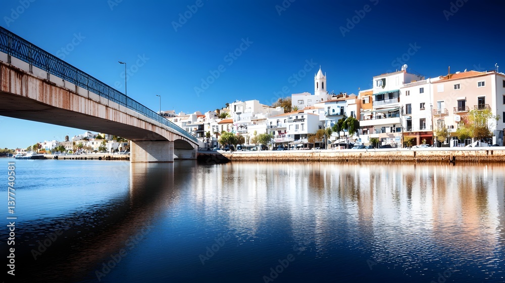 Fototapeta premium Picturesque Coastal Town with Reflective Water and Charming Bridge Under a Clear Blue Sky