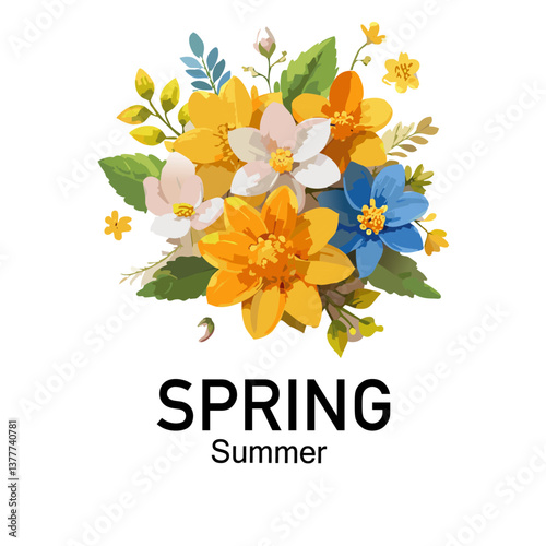 spring flowers bouquet with text Spring Summer vector icon design