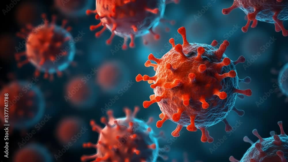 Coronavirus microorganism close-up under electron microscope