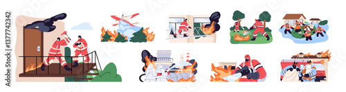 Set of firemen are fighting with flame. Firefighters put out fire with equipment. 911 workers rescue people from emergency accidents, disasters. Flat isolated vector illustrations on white background