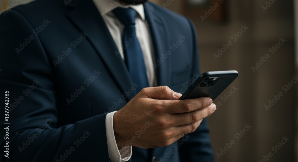Sophisticated businessman using smartphone wearing a dark suit in soft focus background Sophisticated businessman using smartphone wearing a dark suit in soft focus background