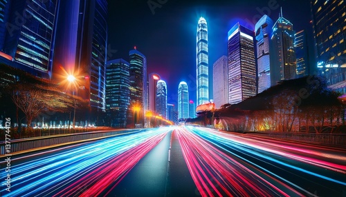 Night city skyline hong kong cityscape skyscrapers light trails travel