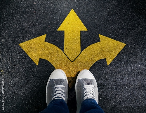 Choice concept feet standing on the road with a yellow direction arrows sign