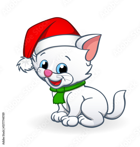 Cute smiling cartoon white kitten cat character with christmas santa hat and scarf sitting vector isolated on transparent background