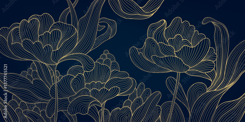 Vector gold line floral illustration. Flowers and leaves luxury pattern on dark background. Art deco plant spring, summer ornament. Vintage japanese garden print, chinese drawing.