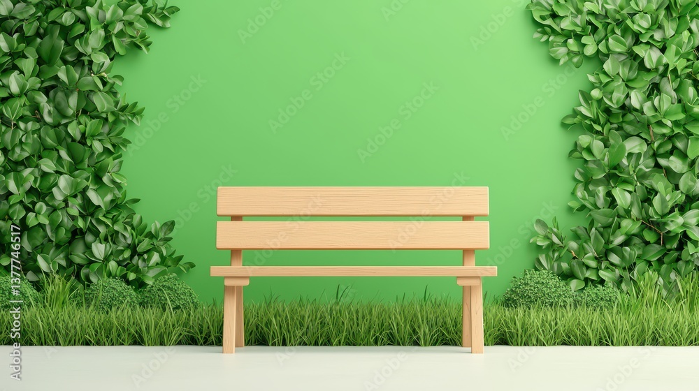 Fototapeta premium Cozy wooden bench against green foliage background