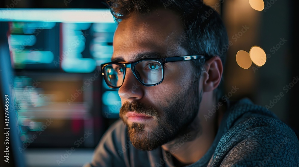 Pensive Caucasian man with glasses, focused on coding with computer screens glowing in the background. Pensive Caucasian man with glasses, focused on coding with computer screens glowing in the background.