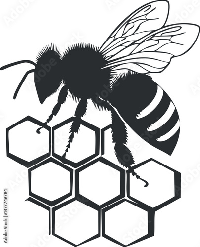 Black and white illustration of a bee on a honeycomb, showcasing detailed wings and hexagonal pattern.