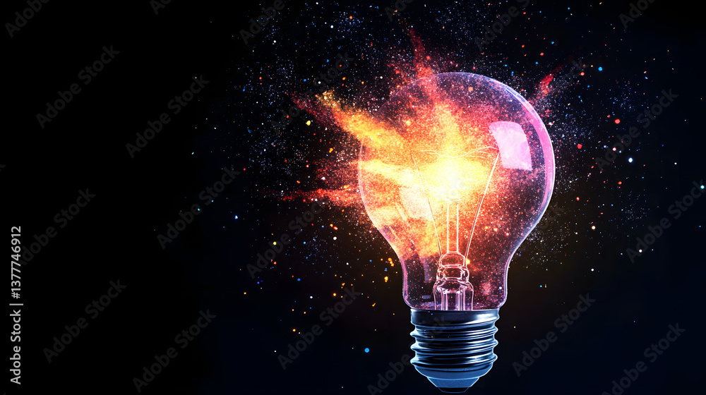 A light bulb exploding with colorful ideas and creative sparks, symbolizing innovation and inspiration.
