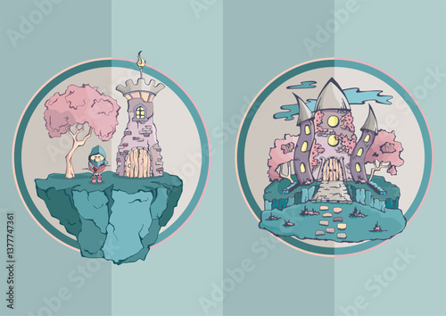 cartoon magic castle with archer vector print