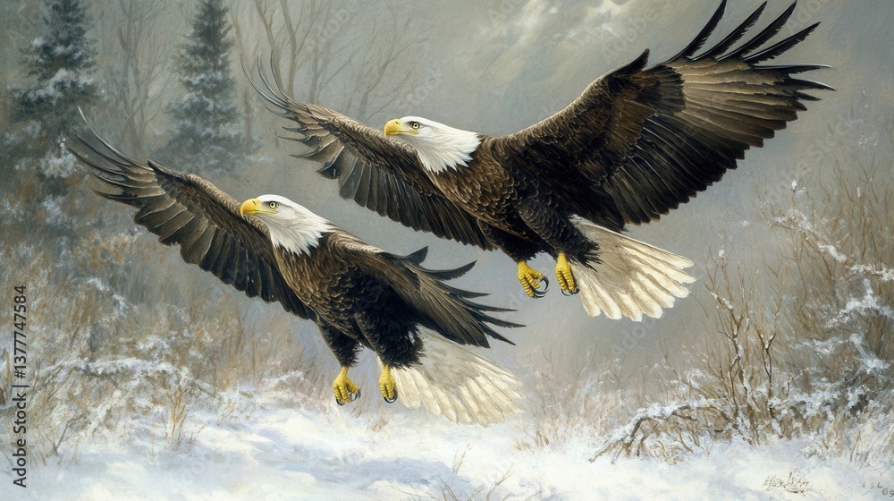 Fototapeta premium Majestic eagles soar high, scanning the ground below