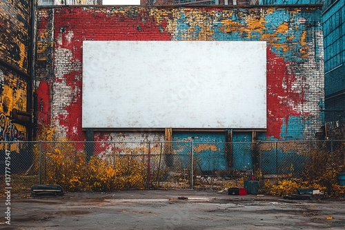 Blank white banner against a brick wall backdrop on a construction fence, offering a clean canvas for creative design applications.