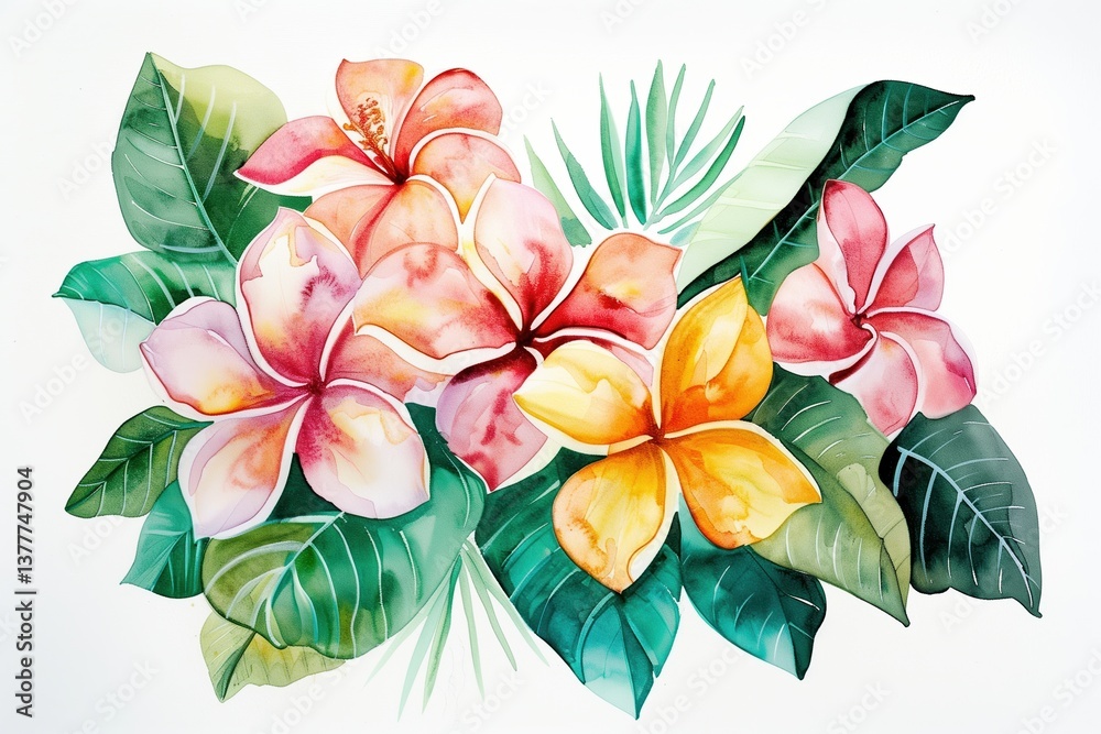 Obraz premium Vibrant tropical flower composition with lush green leaves showcasing colorful petals in a stylish art design for nature lovers. Plumeria isolated on white background.