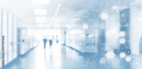 Modern Medical Corridor with Professionals Walking, Illuminated by Soft Blue Light and Futuristic Elements