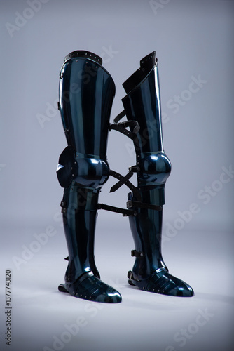 Shiny Steel Medieval Leg Armor. Full leg protection with straps and buckles detail.