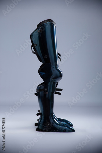 Shiny Steel Medieval Leg Armor. Full leg protection with straps and buckles detail.