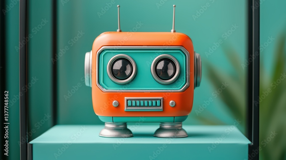 Fototapeta premium Retro robot toy on colorful display background