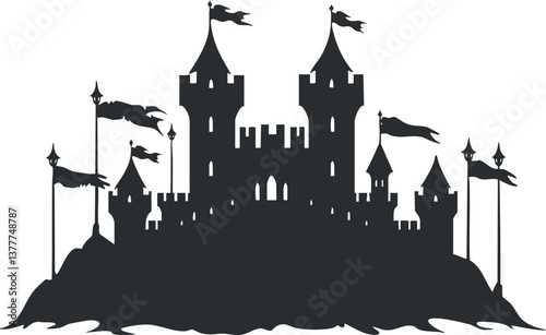 Silhouette of a medieval castle with towers and flags against a white background.