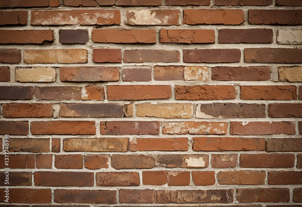 Fototapeta premium A brick wall with peeling paint on it.