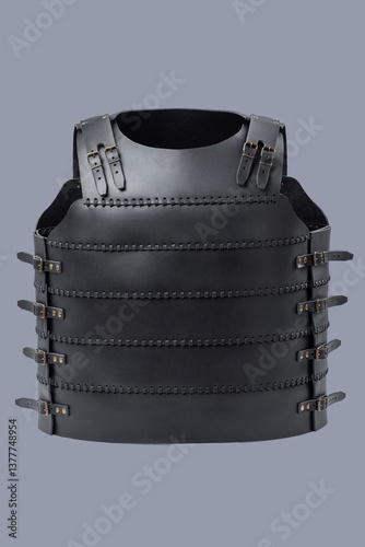 Black Leather Cuirass. Medieval torso armor with adjustable straps and buckles.