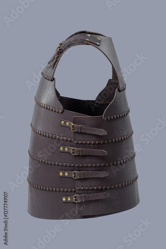 Brown Leather Medieval Torso Armor with Buckles. This brown leather cuirass features adjustable straps and brass buckles, providing torso protection.