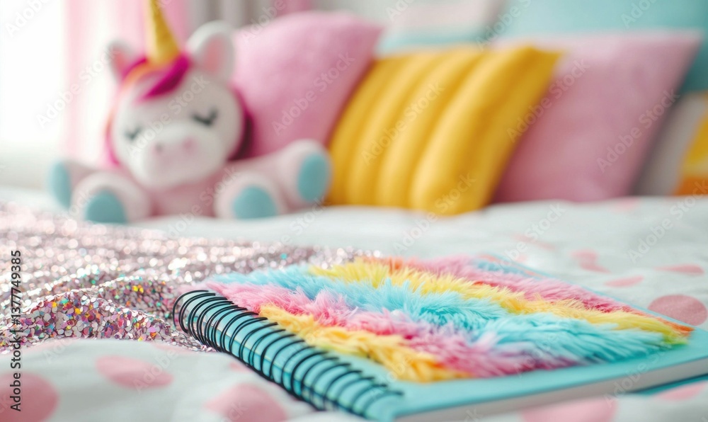 Fototapeta premium A whimsical and dreamy bedroom scene with a plush unicorn, a rainbow notebook, and soft pillows.