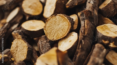Close up of cut licorice root isolated chooped