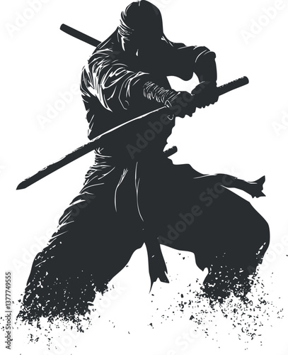 Silhouette of a samurai warrior in dynamic pose wielding a sword with splatter effects.