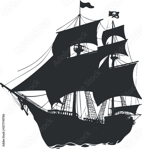 Silhouette of a pirate ship with black sails and a skull and crossbones flag.