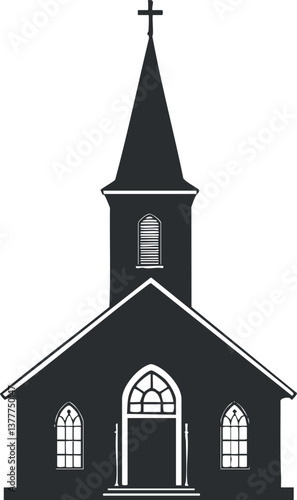 Black and white silhouette of a traditional church with a steeple and cross on top.