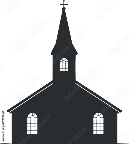 Silhouette of a church with steeple and cross, showcasing simple architectural design.